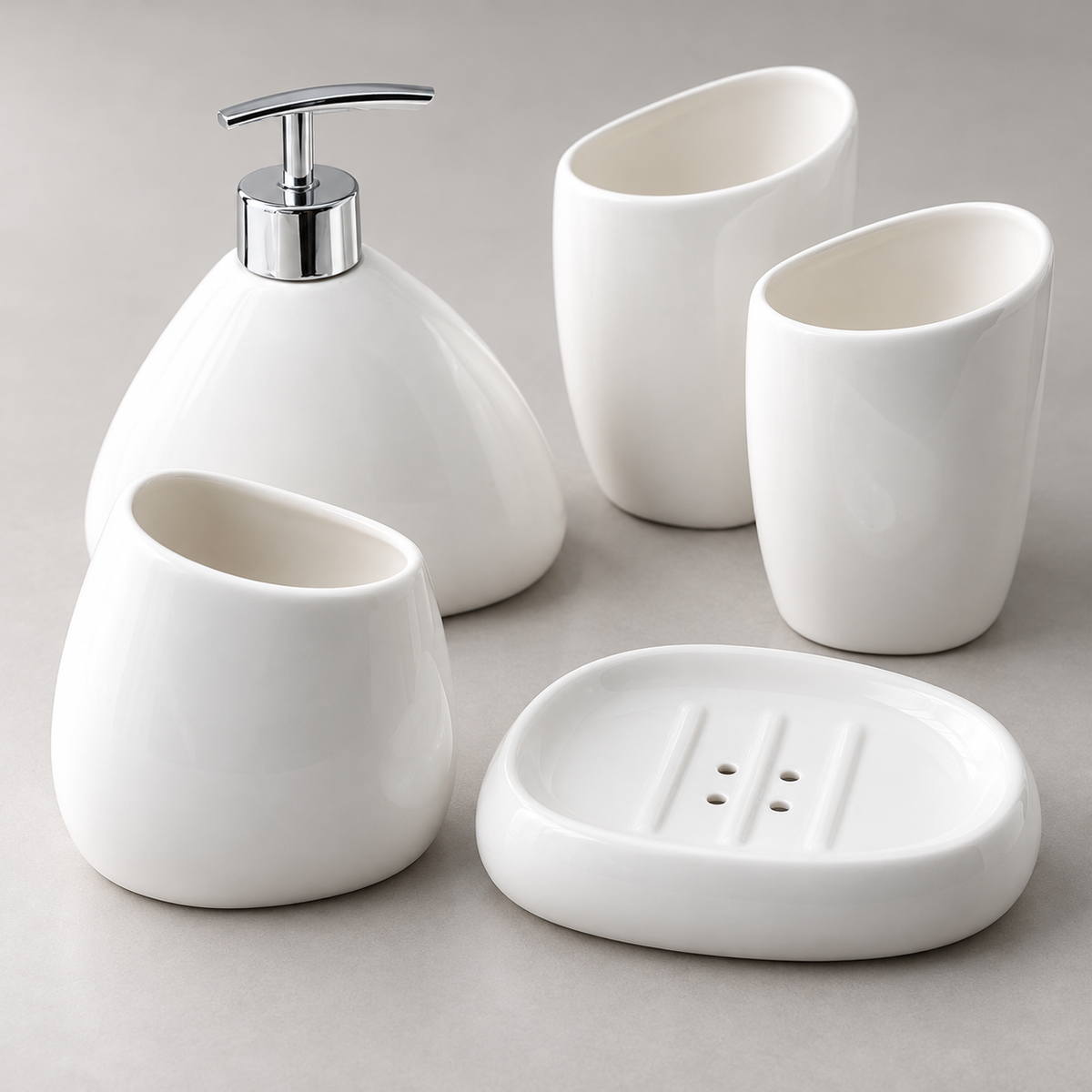 White porcelain toothbrush cup and soap dish with drainage detail