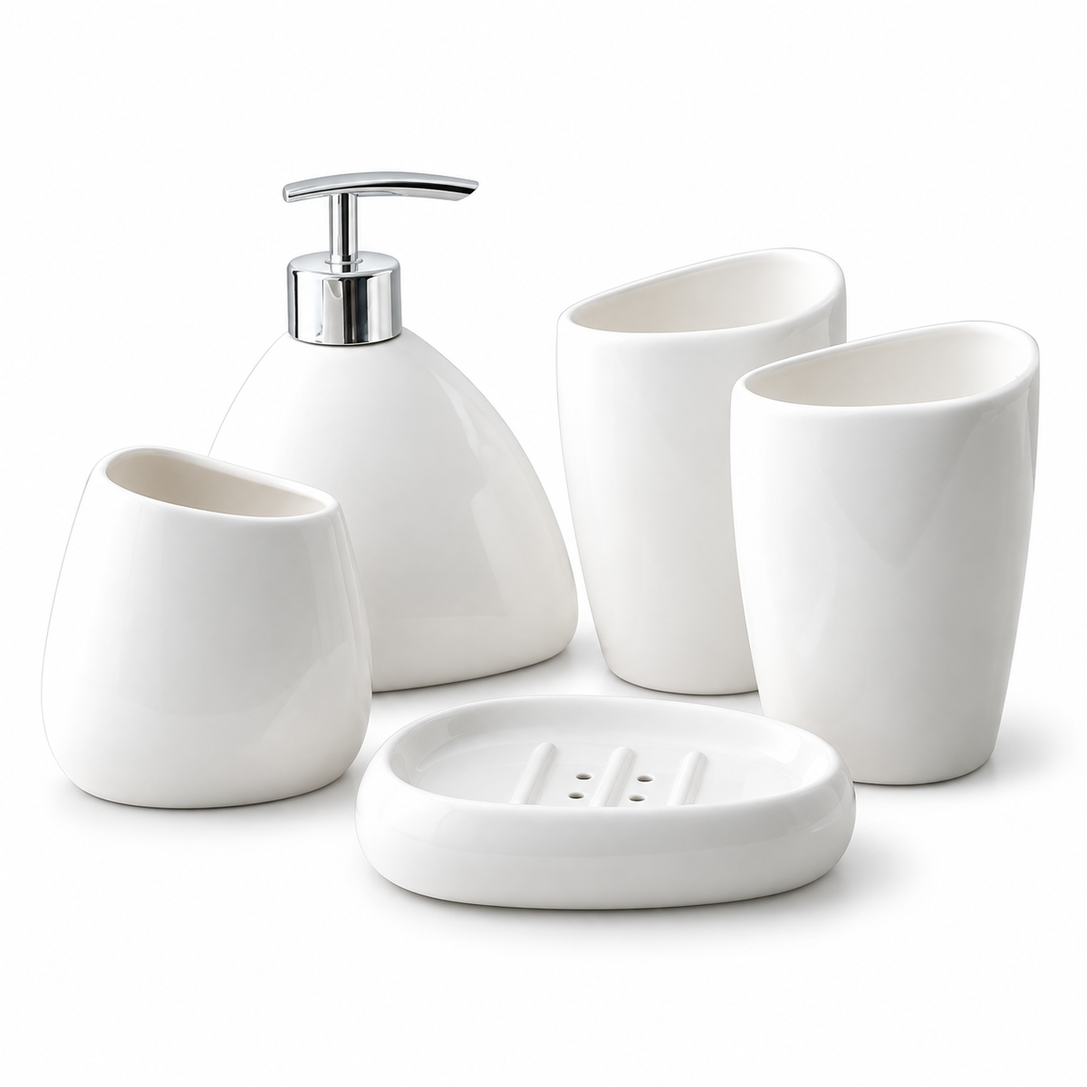 Five-piece white porcelain bathroom set on white, without a styling tray