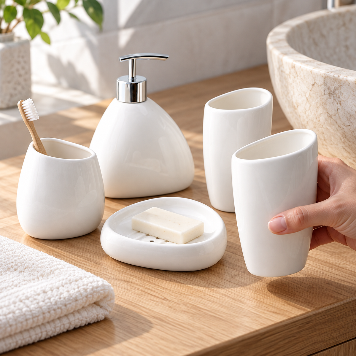 Slanted-rim white rinse cup lifted from a five-piece bathroom set