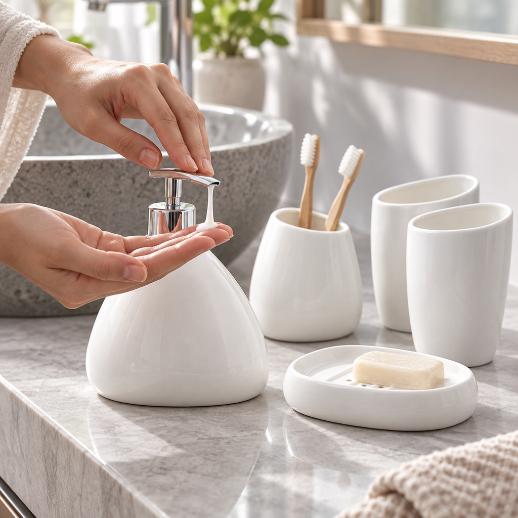White porcelain bathroom set with lotion dispenser in use beside the sink
