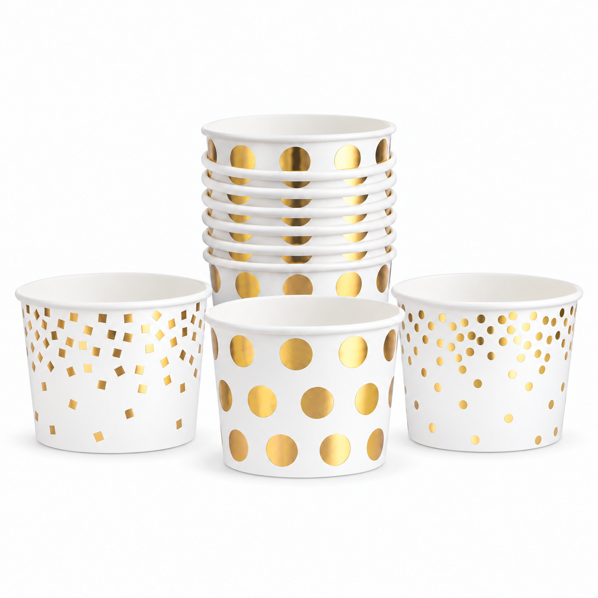 White paper dessert cups showing the three gold patterns: square confetti, large dots and small circular confetti.