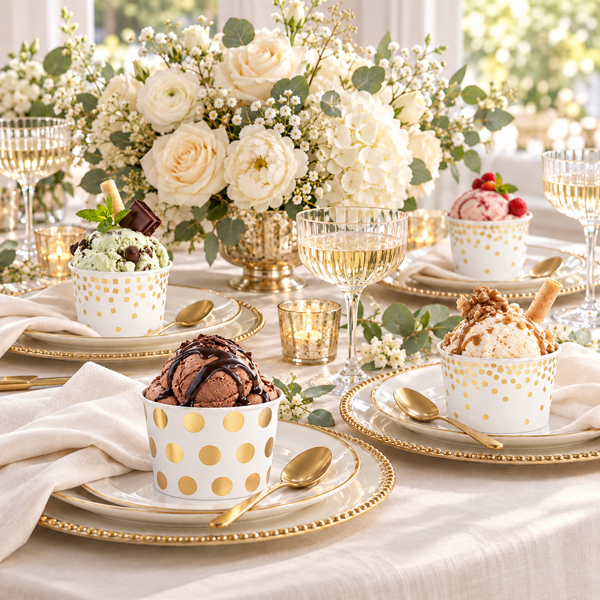 White and gold paper dessert cups on a coordinated celebration table. Food, tableware and extra decor are styling props, not included.