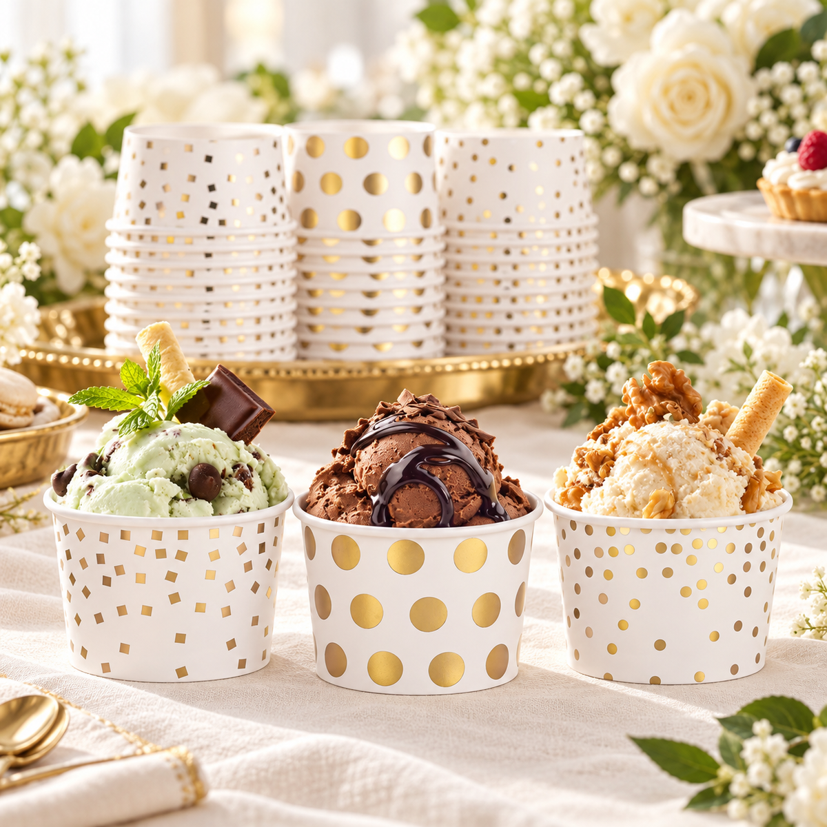 White paper dessert cups with three gold patterns at a dessert buffet. Food, tableware and extra decor are styling props, not included.