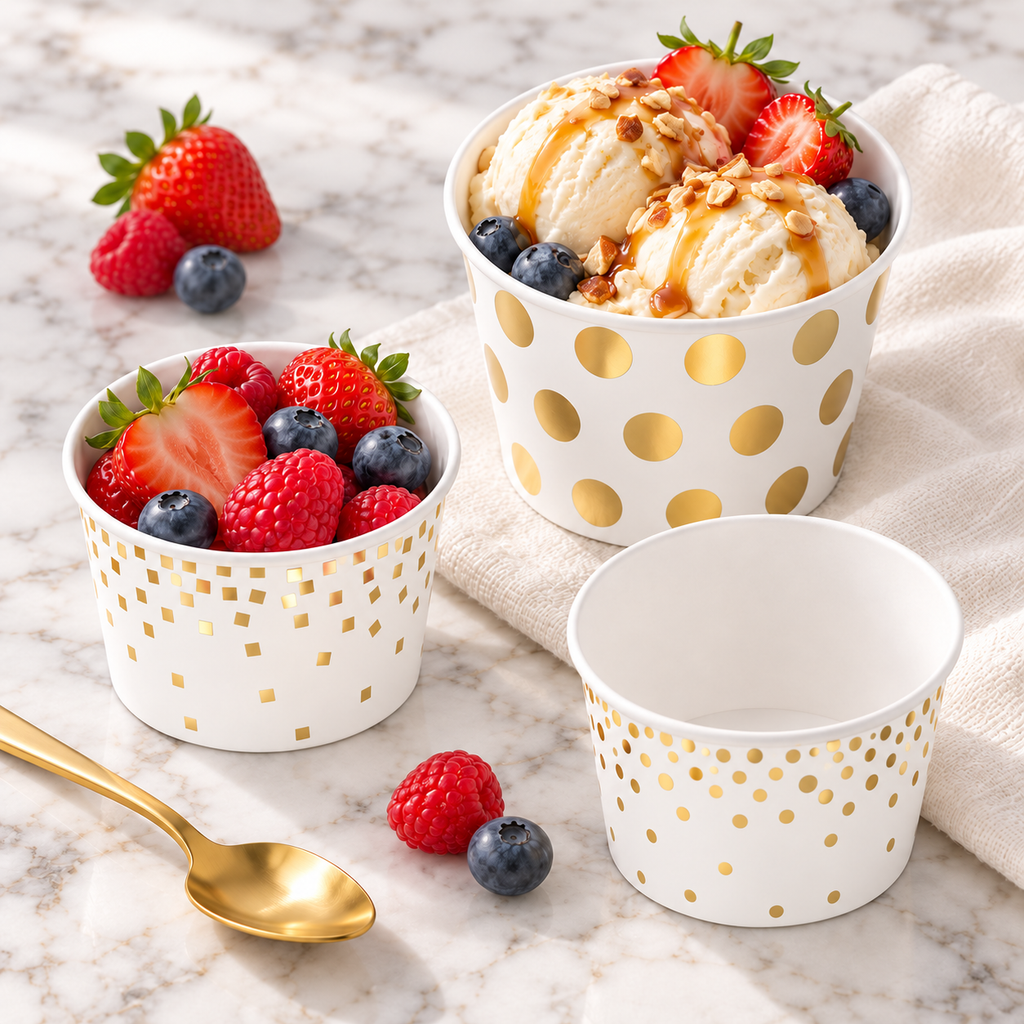 High-angle view of the three gold-patterned white paper dessert cups, including an empty cup showing its white interior. Food, spoon and extra decor are styling props, not included.