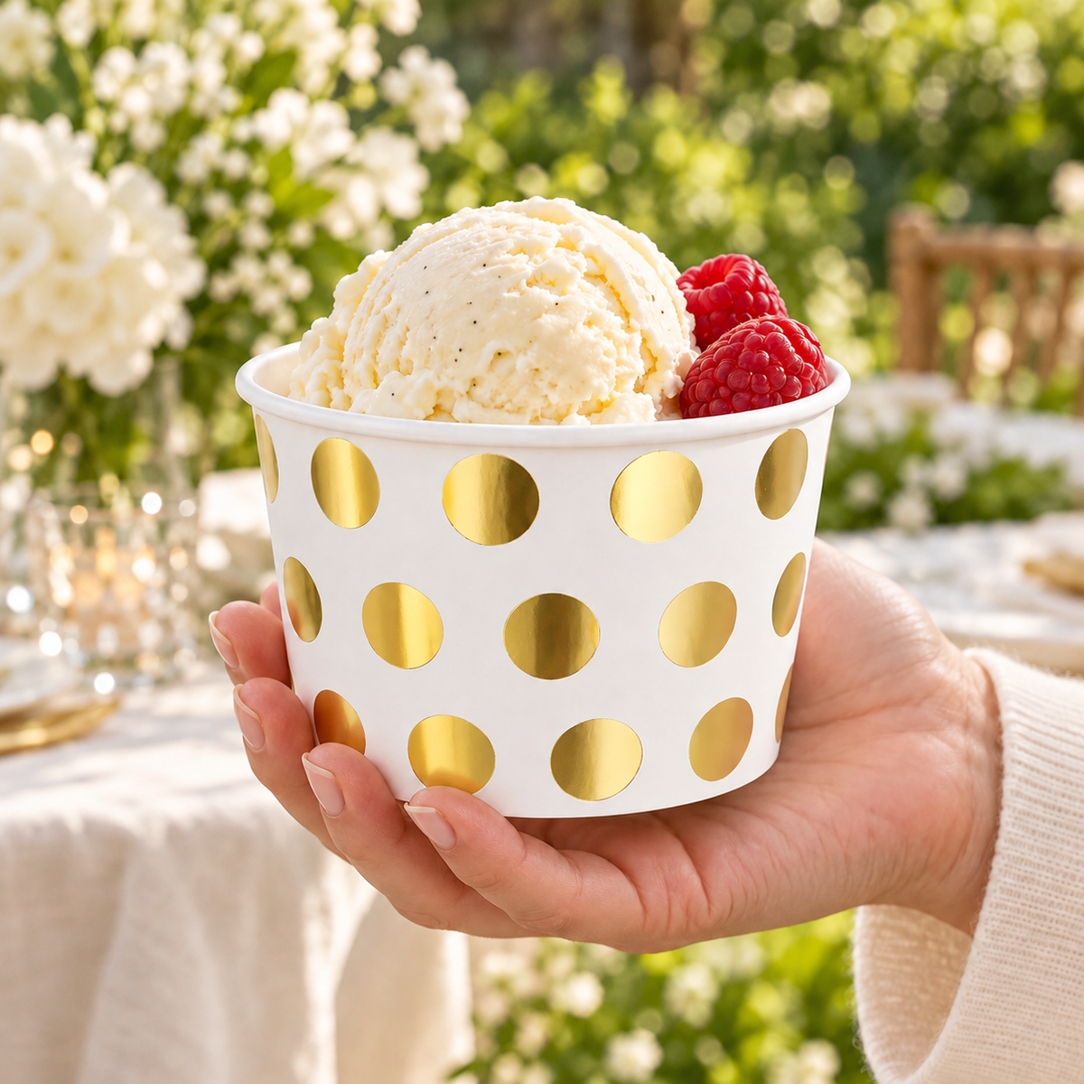 A white paper dessert cup with large gold dots held in a hand at a garden gathering. Food and extra decor are styling props, not included.