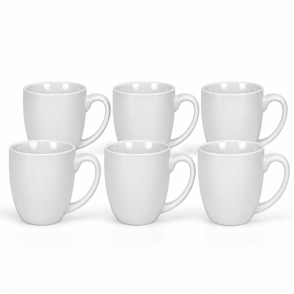 Six white ceramic mugs on a clean white background