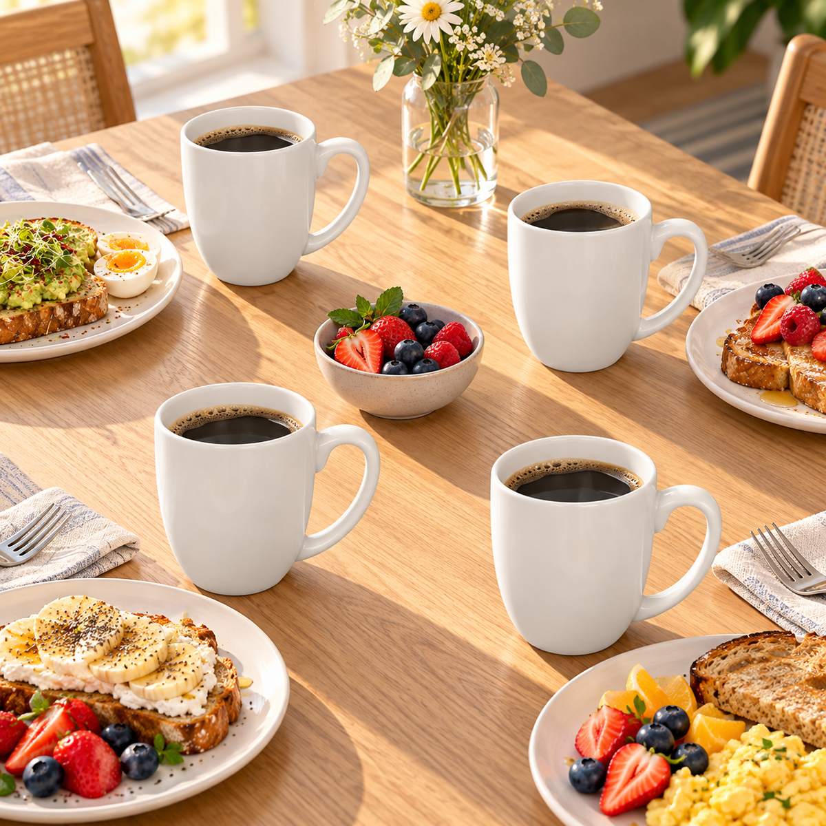 Four white mugs in a breakfast table setting; food and table accessories are styling props