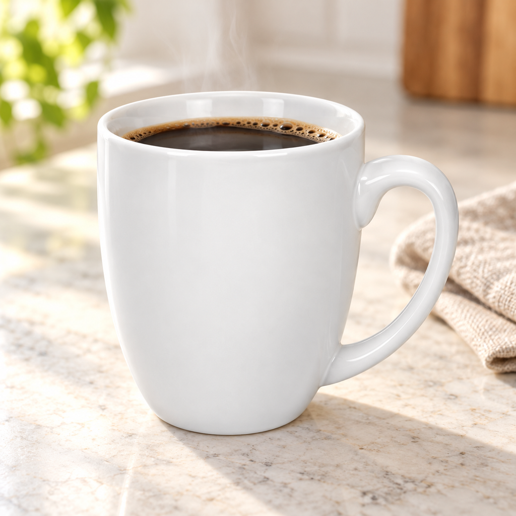 Single white ceramic mug filled with coffee
