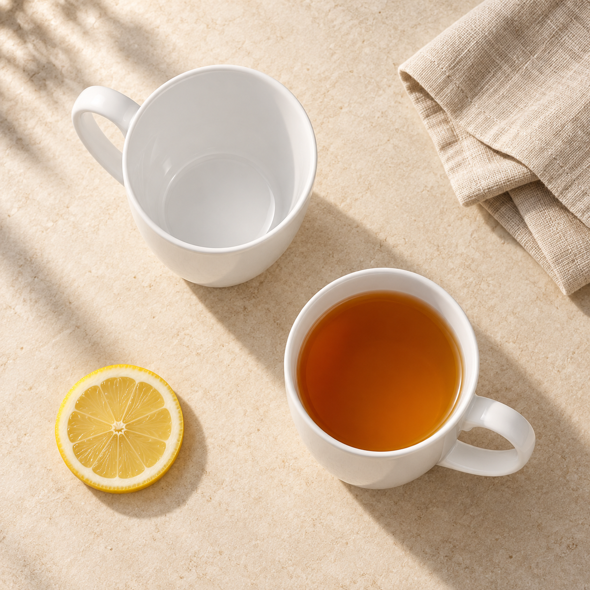Overhead view of two white mugs, one with tea; lemon and linen are styling props
