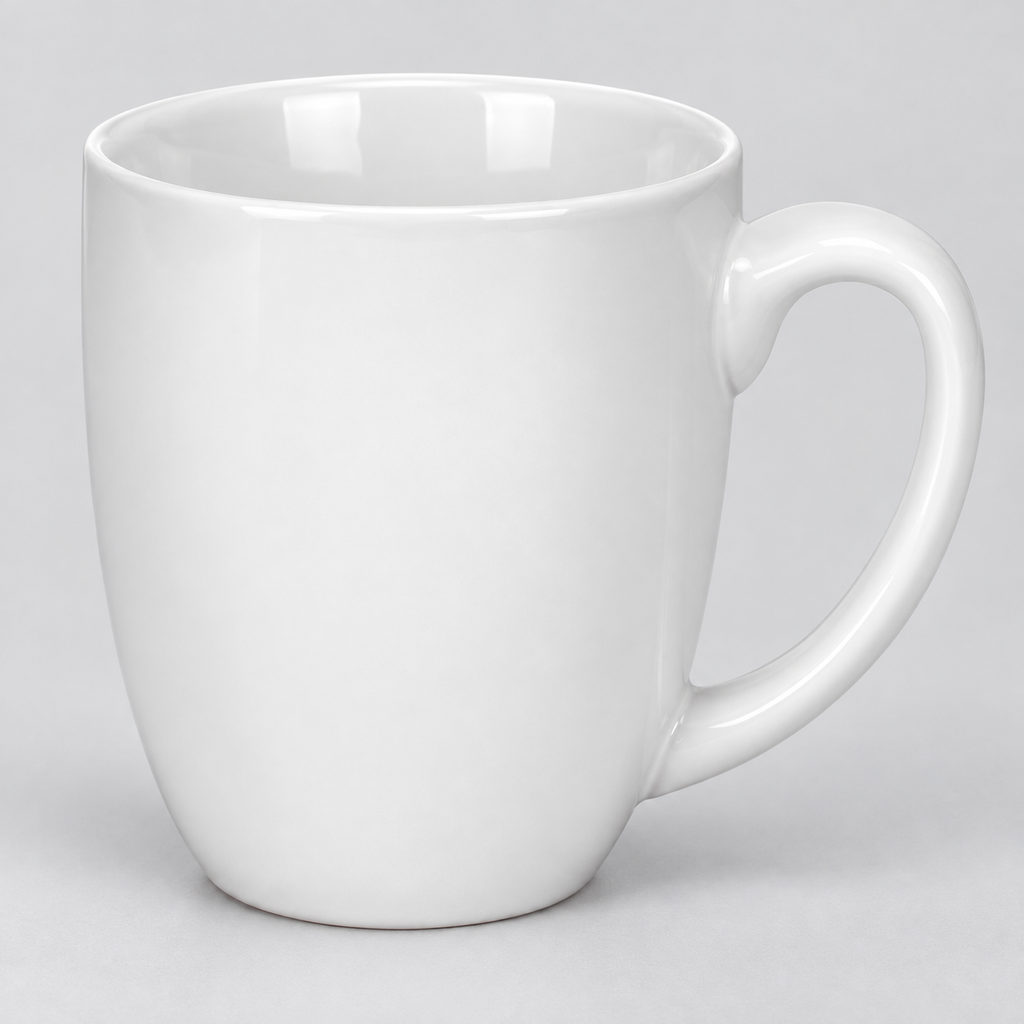 Close view of the white mug rounded rim and large oval handle
