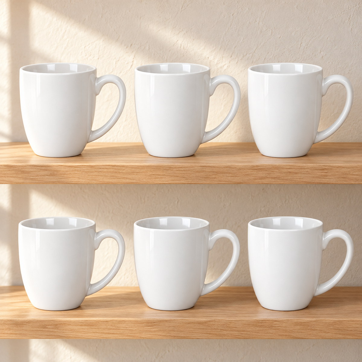 Six white ceramic mugs arranged upright on wooden shelves