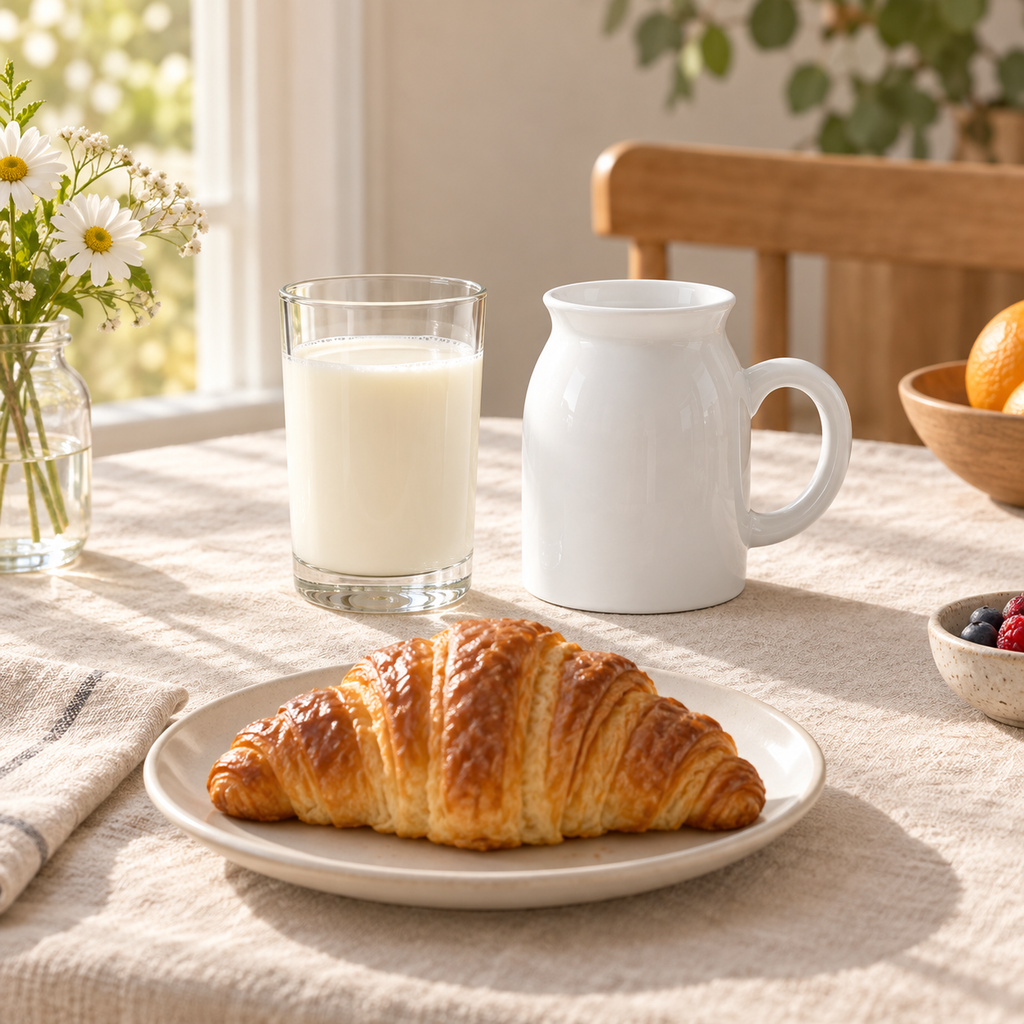Large white porcelain decorative vase styled on a breakfast table