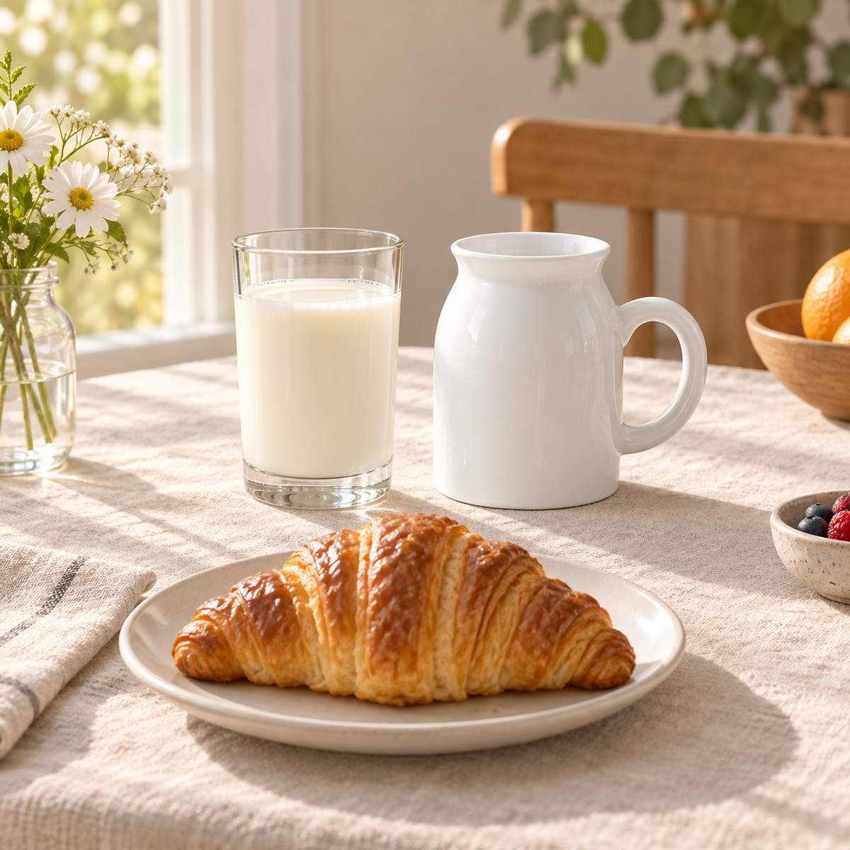 Large white porcelain decorative vase styled on a breakfast table