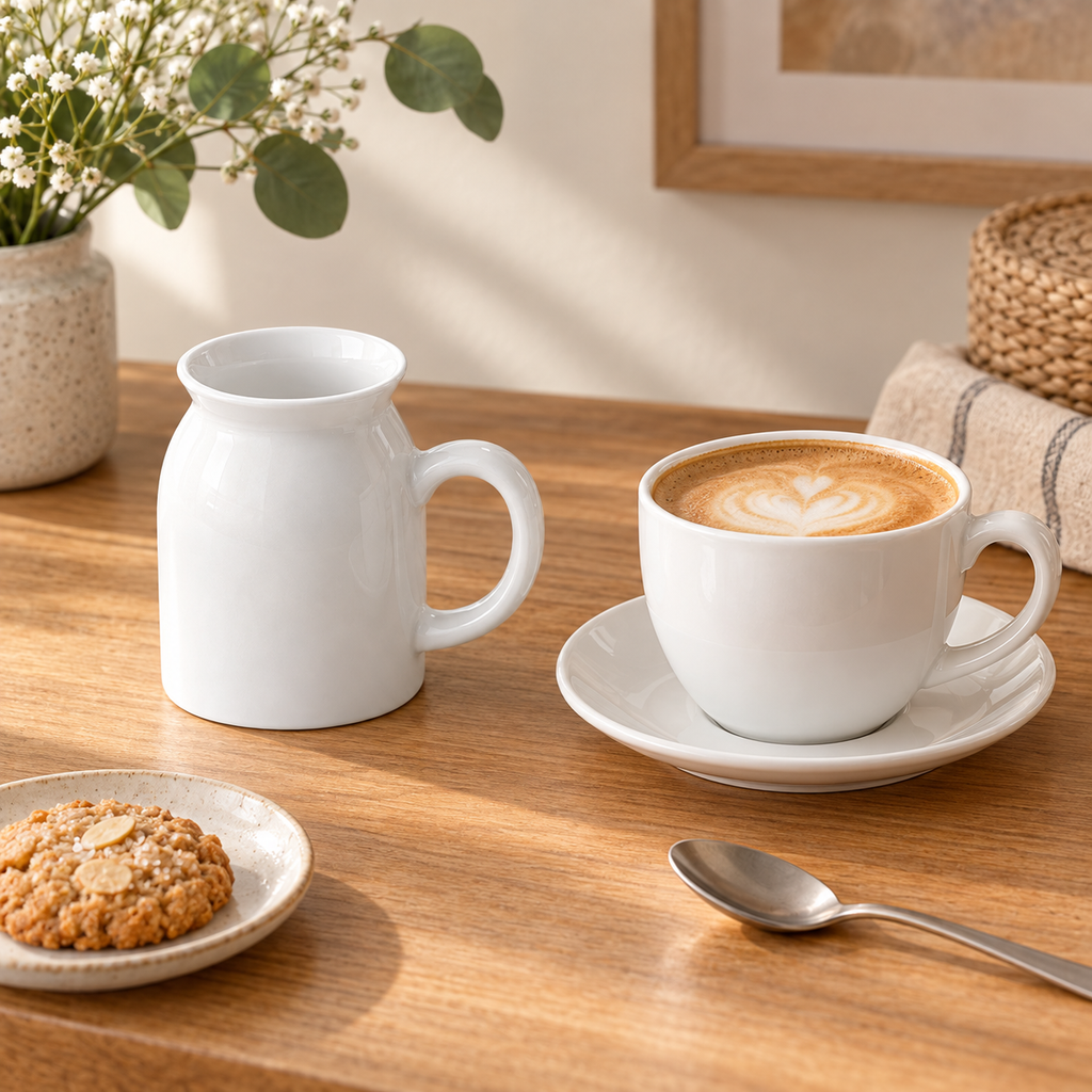 Small white porcelain decorative vase beside a coffee cup