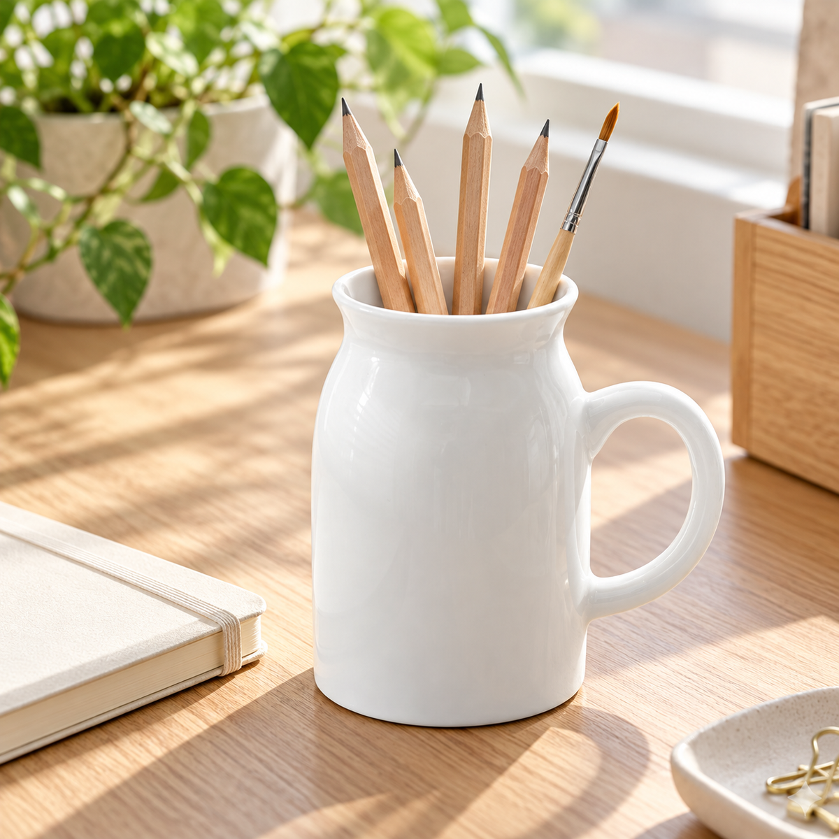 White porcelain handled vase holding pencils on an oak desk