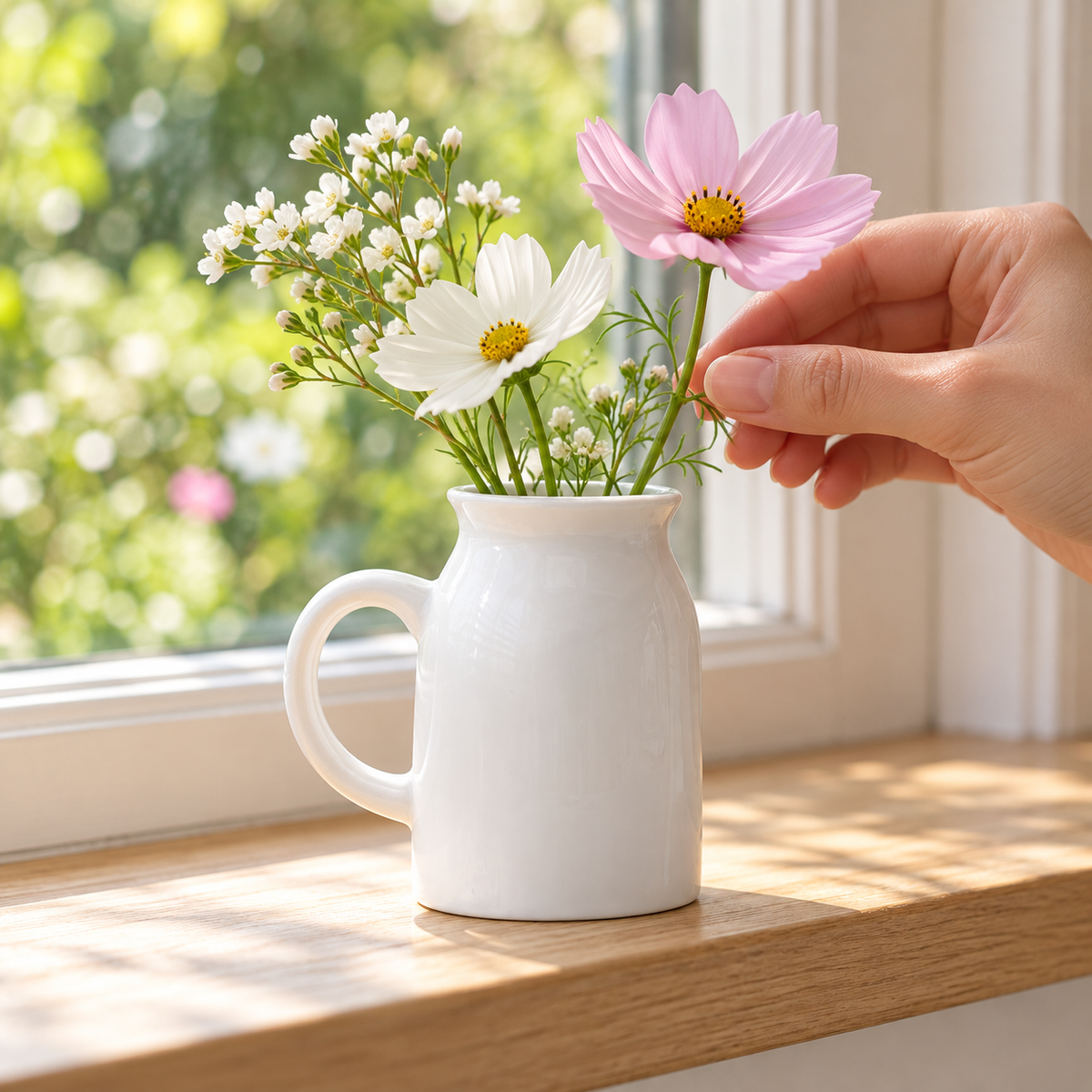 Small white porcelain vase with garden flowers on a windowsill