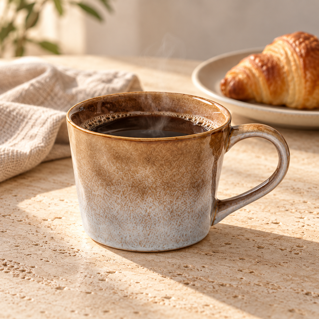 Gradient Yellow ceramic mug filled with coffee on a sunlit breakfast table