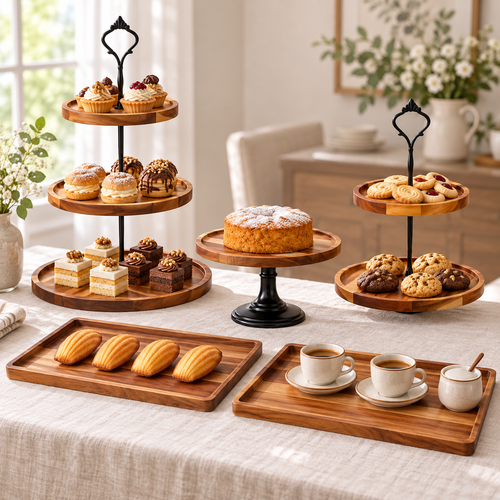 Five-piece acacia display set serving pastries and coffee