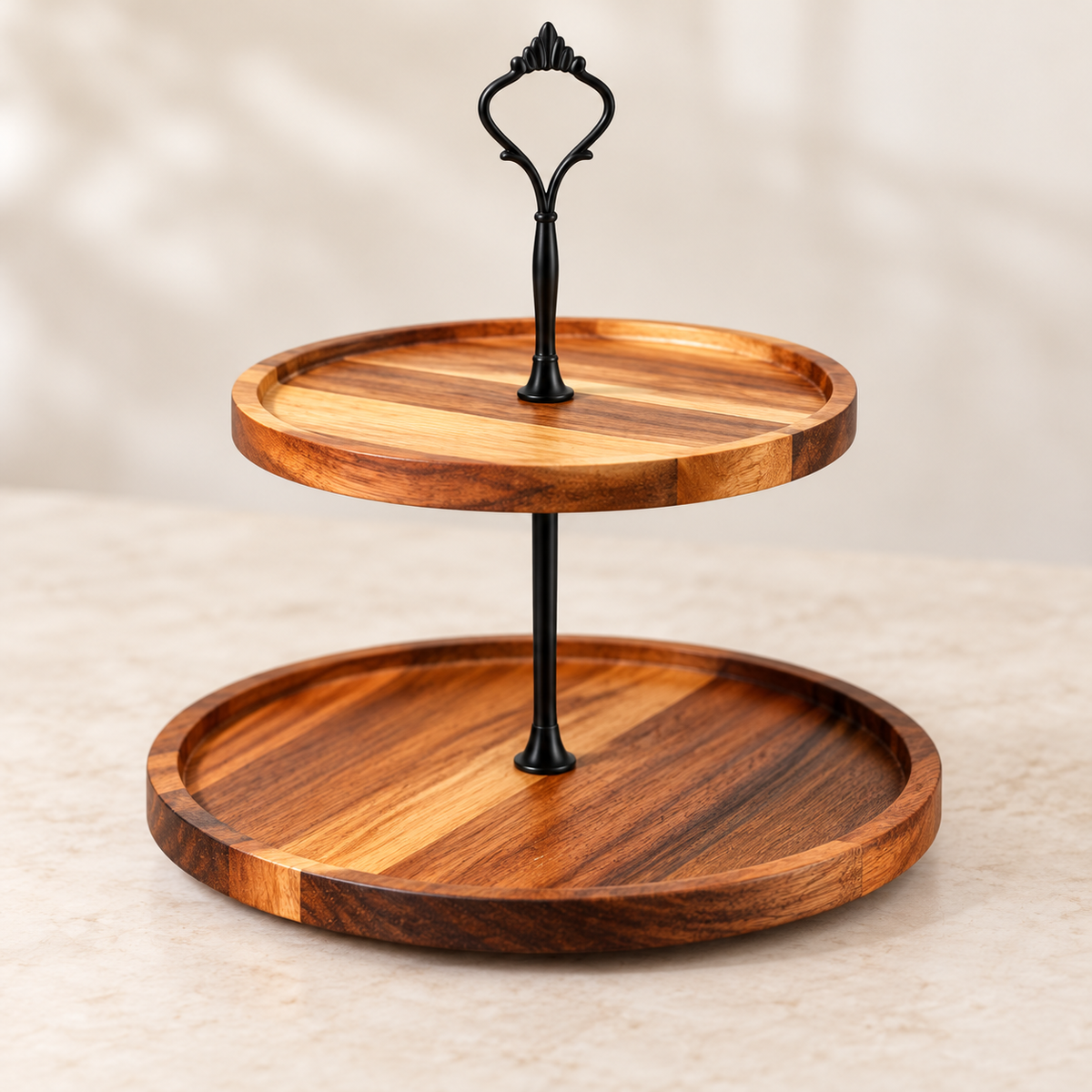 Two-tier acacia stand showing grain, raised rims and black center fitting