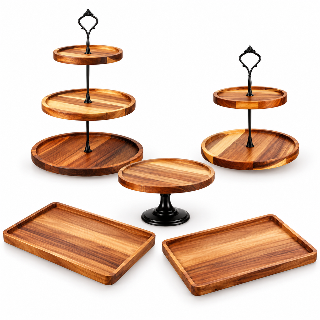 Five-piece acacia display set with three-tier stand, two-tier stand, pedestal and two rectangular trays