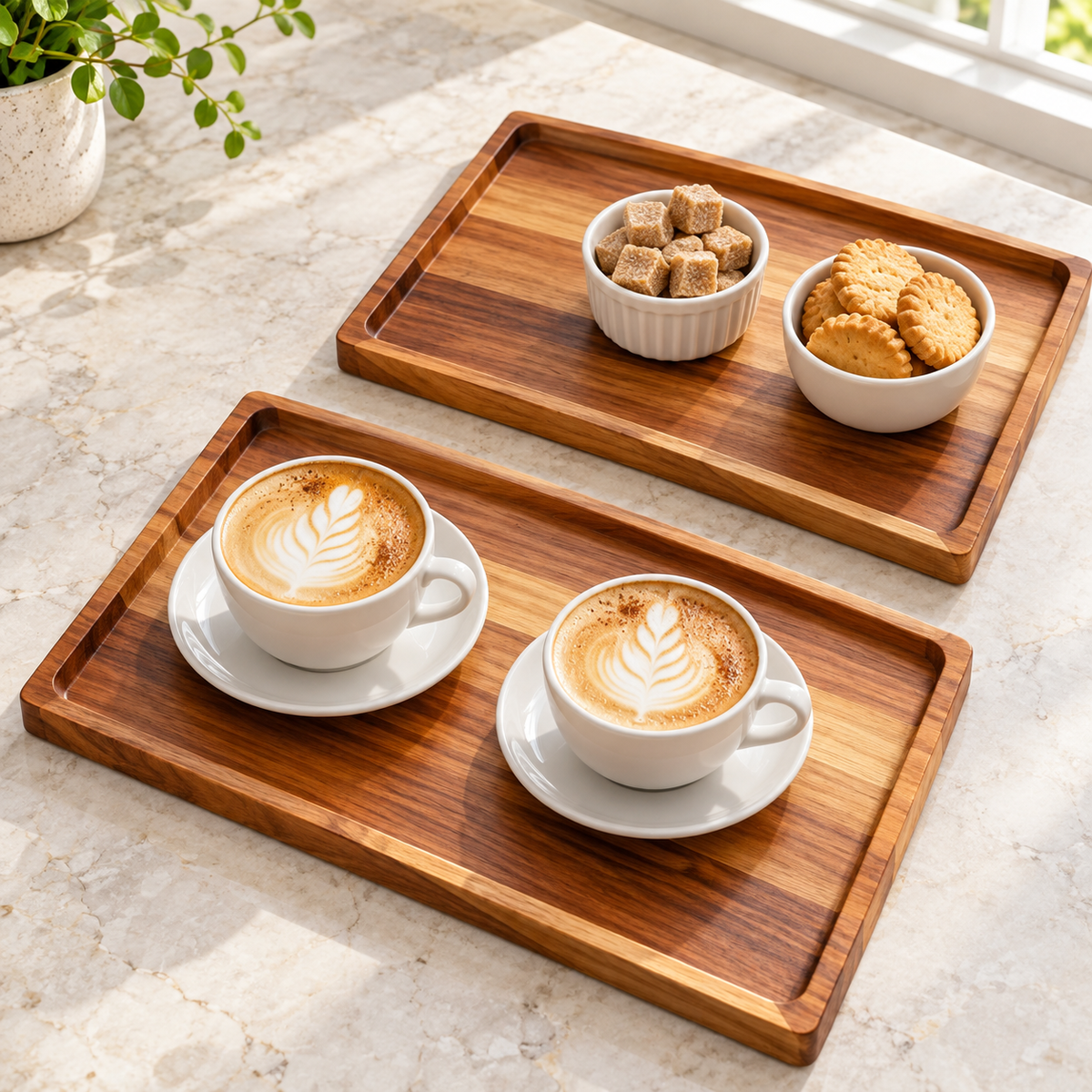 Two shallow acacia trays holding coffee cups and condiments