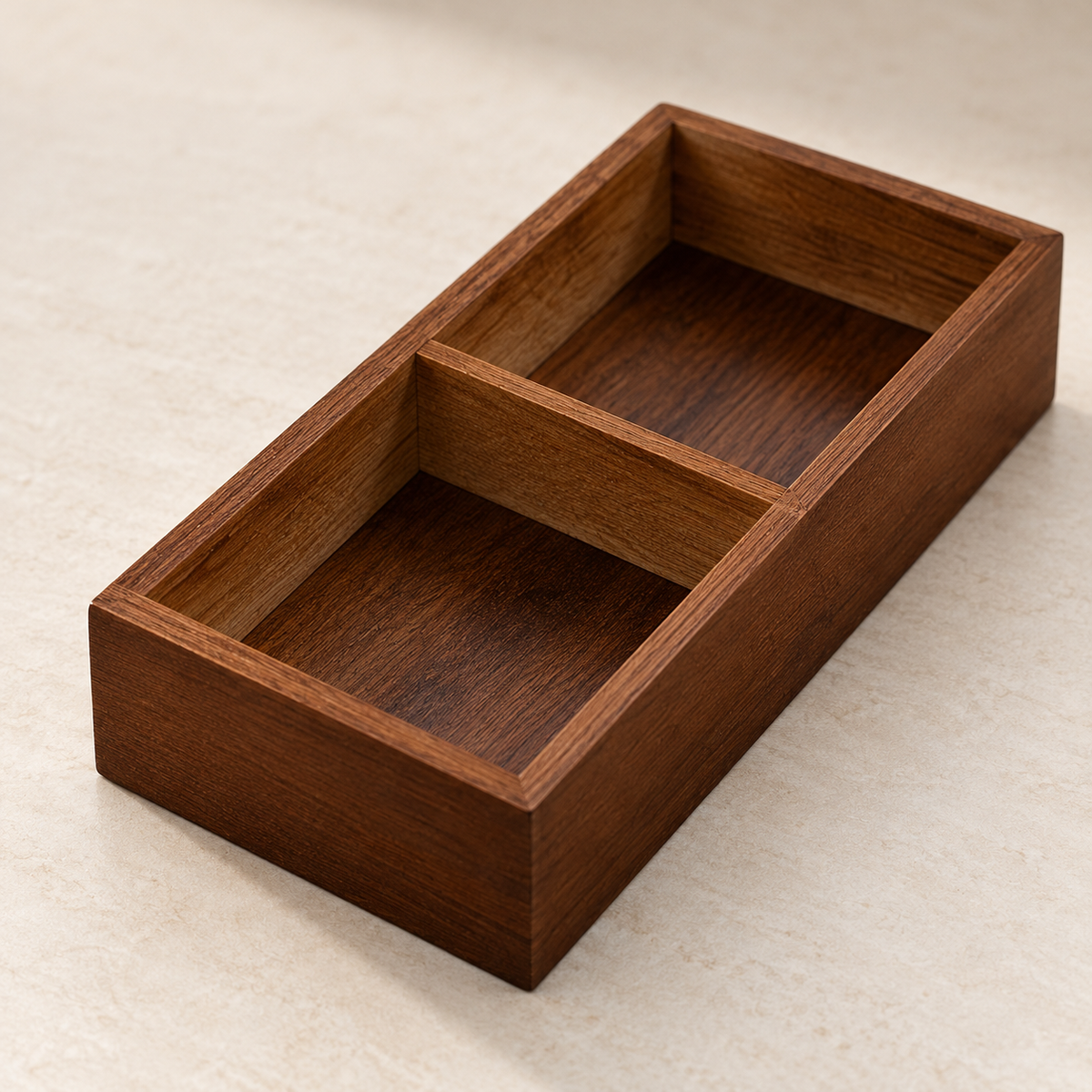 Two-compartment walnut-finish bamboo tray divider and corner detail