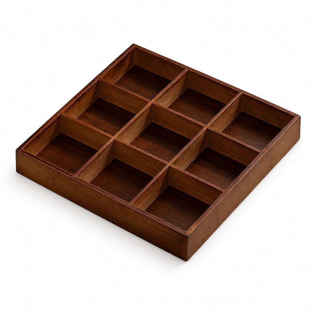 Nine-compartment walnut-finish bamboo tray on white
