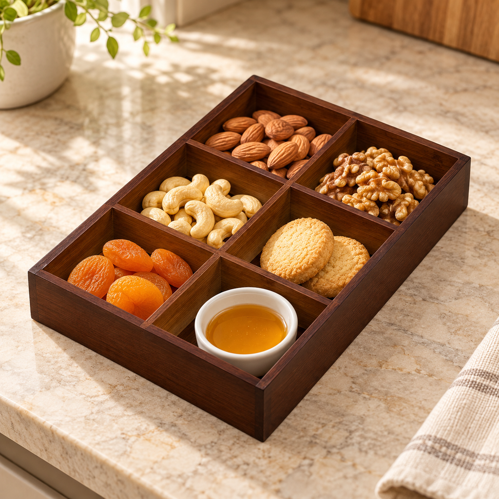 Six-compartment bamboo serving tray with nuts, cookies and honey