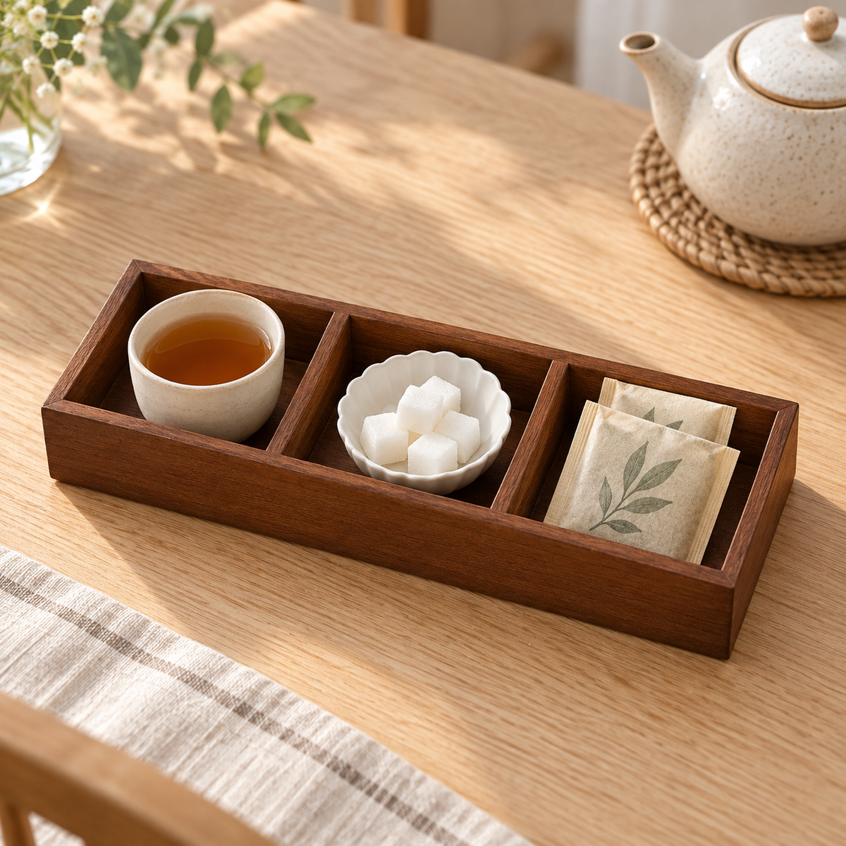 Three-compartment bamboo tray with tea cup, sugar and tea sachets