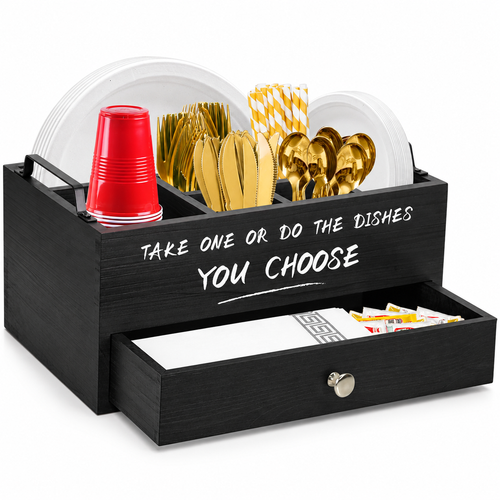 Black wooden plate and utensil organizer with drawer — White-background hero