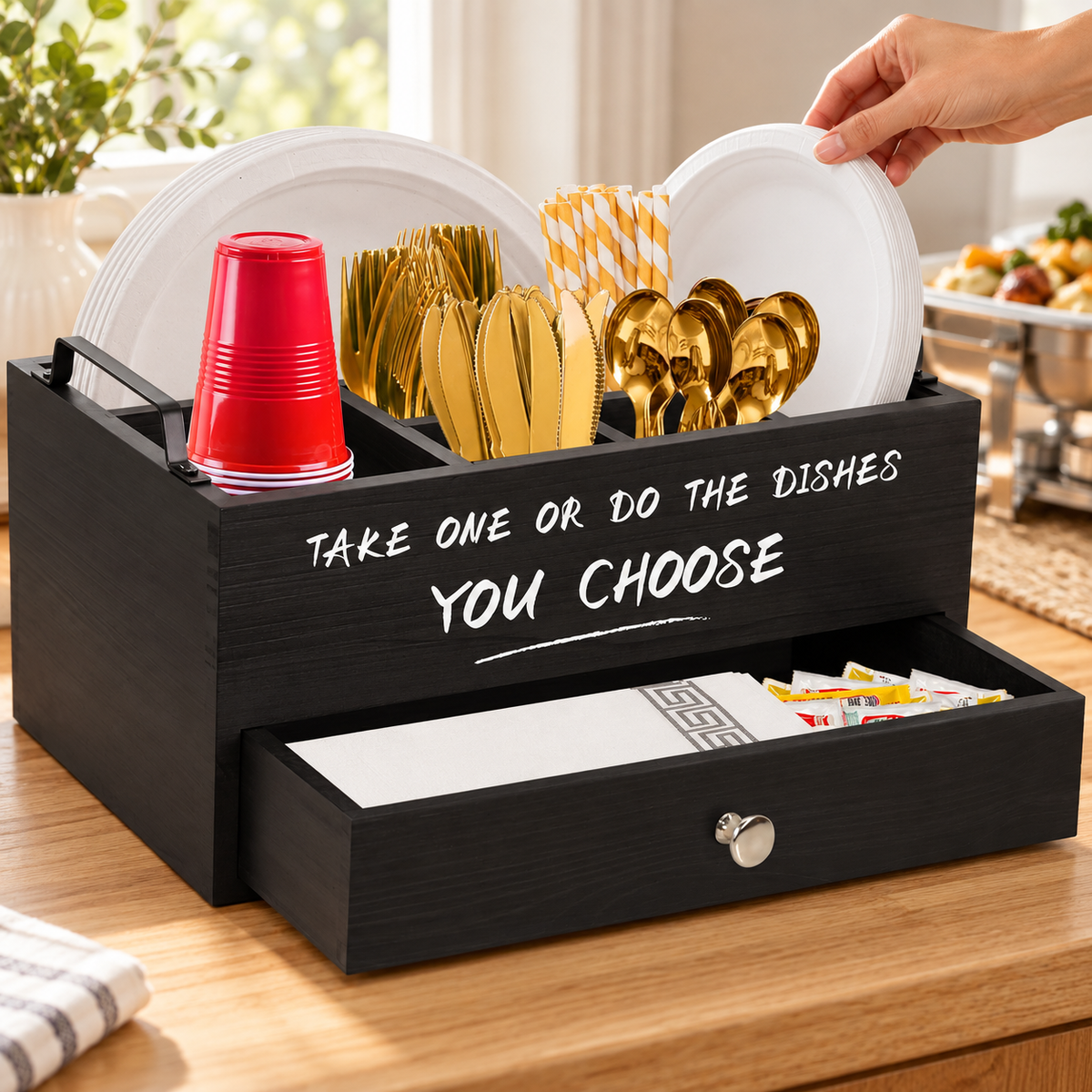 Black wooden plate and utensil organizer with drawer — Hands-on use