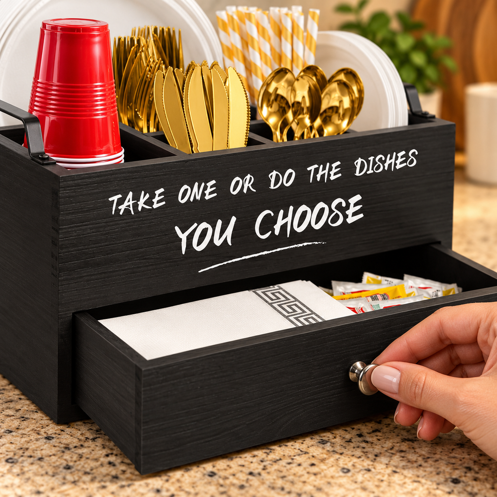 Black wooden plate and utensil organizer with drawer — Hand scale and interaction