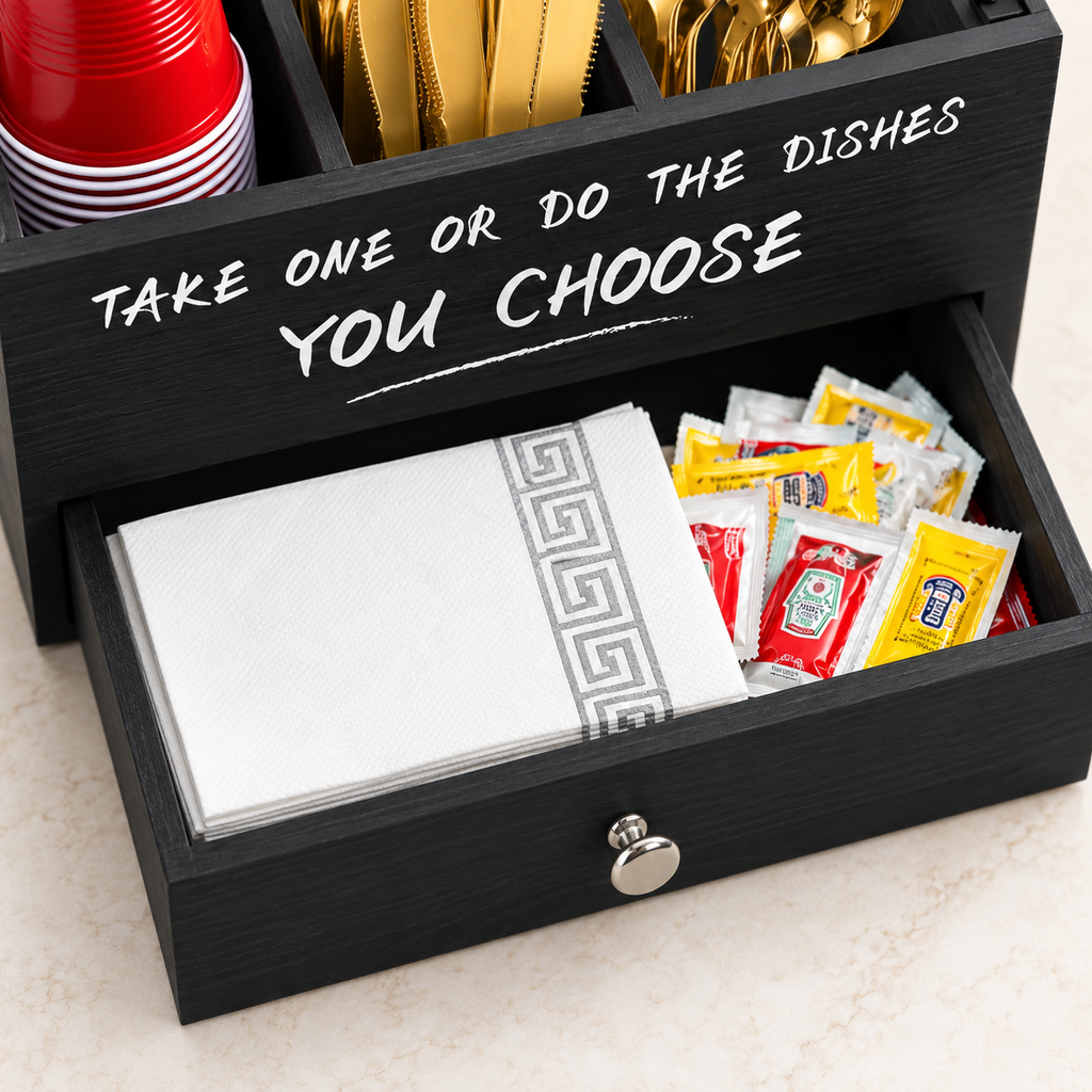 Black wooden plate and utensil organizer with drawer — High-angle storage detail