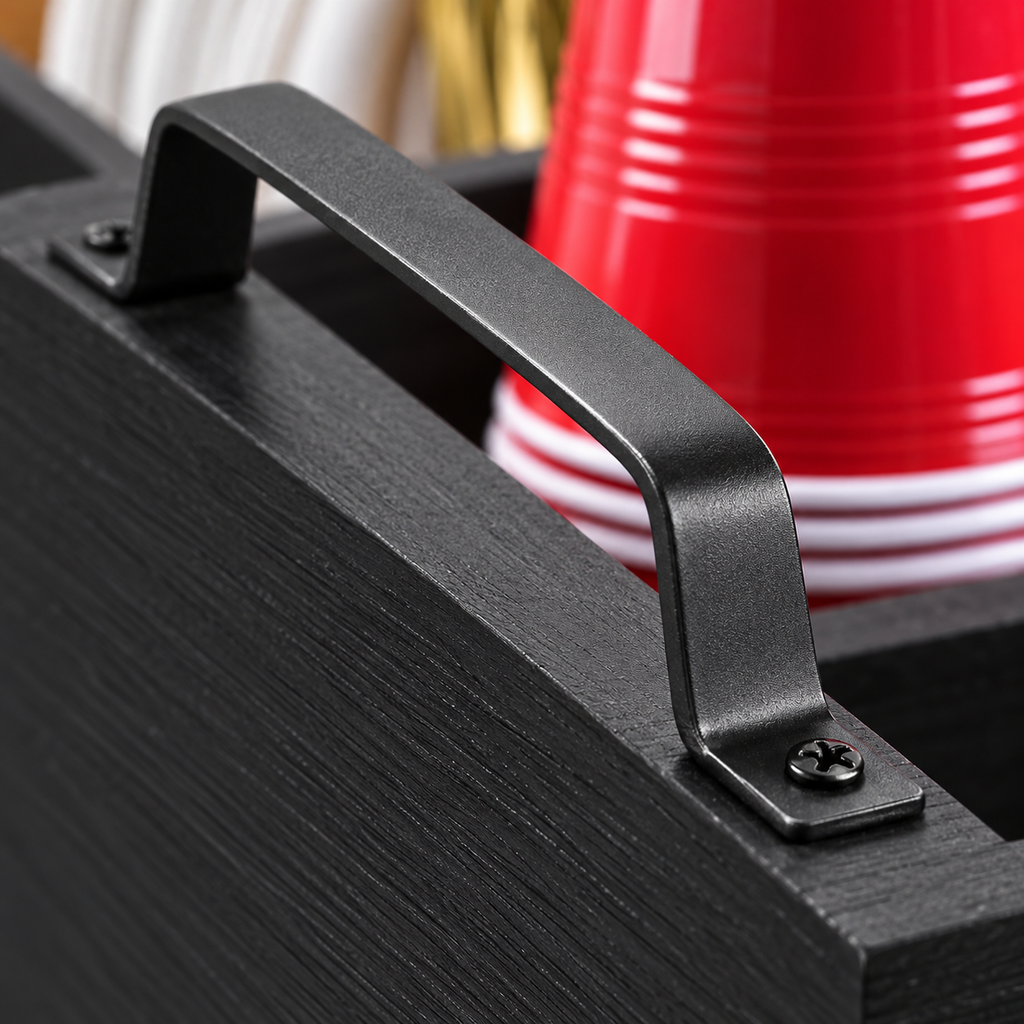 Black wooden plate and utensil organizer with drawer — Construction and material close-up
