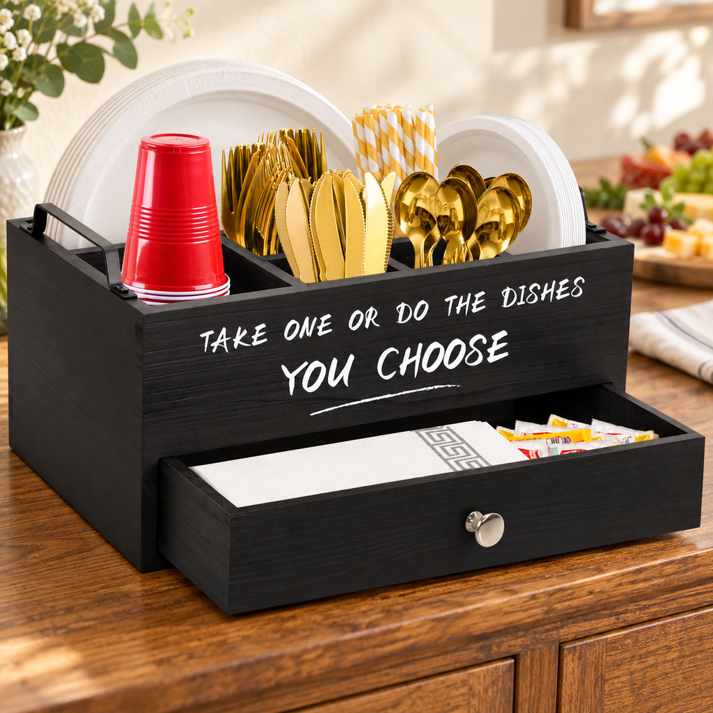 Black wooden plate and utensil organizer with drawer — Kitchen placement context