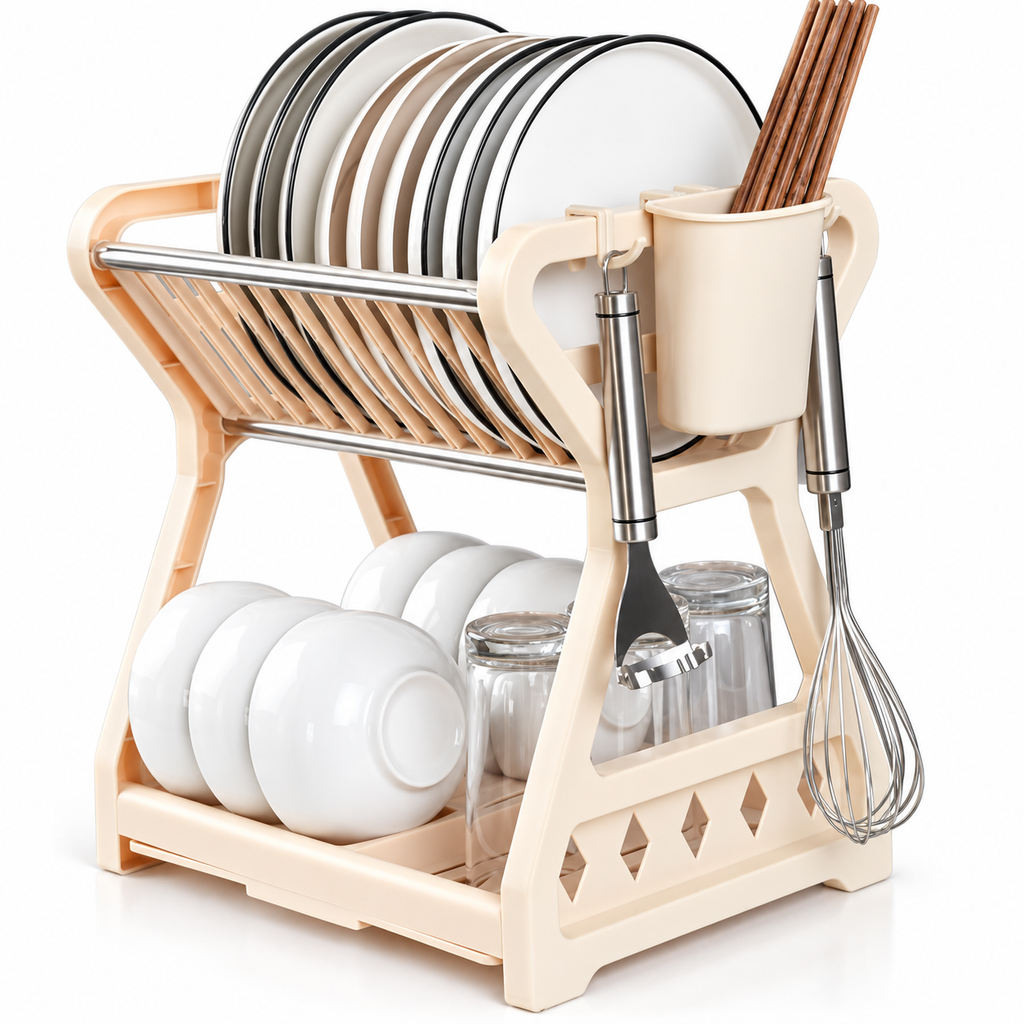 Premium apricot dual-layer dish storage organizer — White-background hero