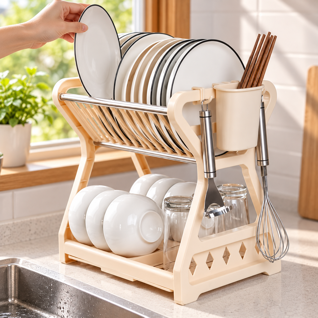 Premium apricot dual-layer dish storage organizer — Hands-on use