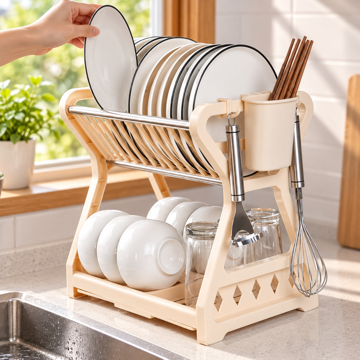 Premium apricot dual-layer dish storage organizer — Hands-on use