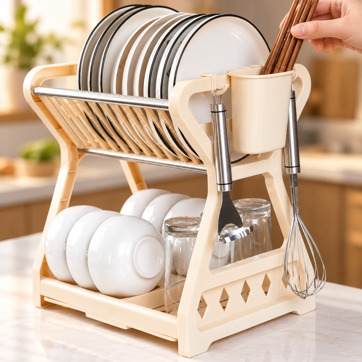 Premium apricot dual-layer dish storage organizer — Hand scale and interaction
