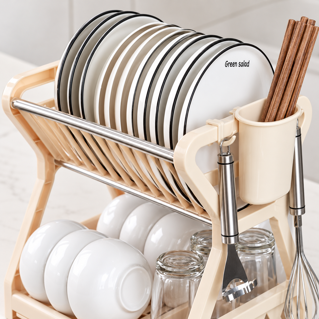 Premium apricot dual-layer dish storage organizer — High-angle storage detail