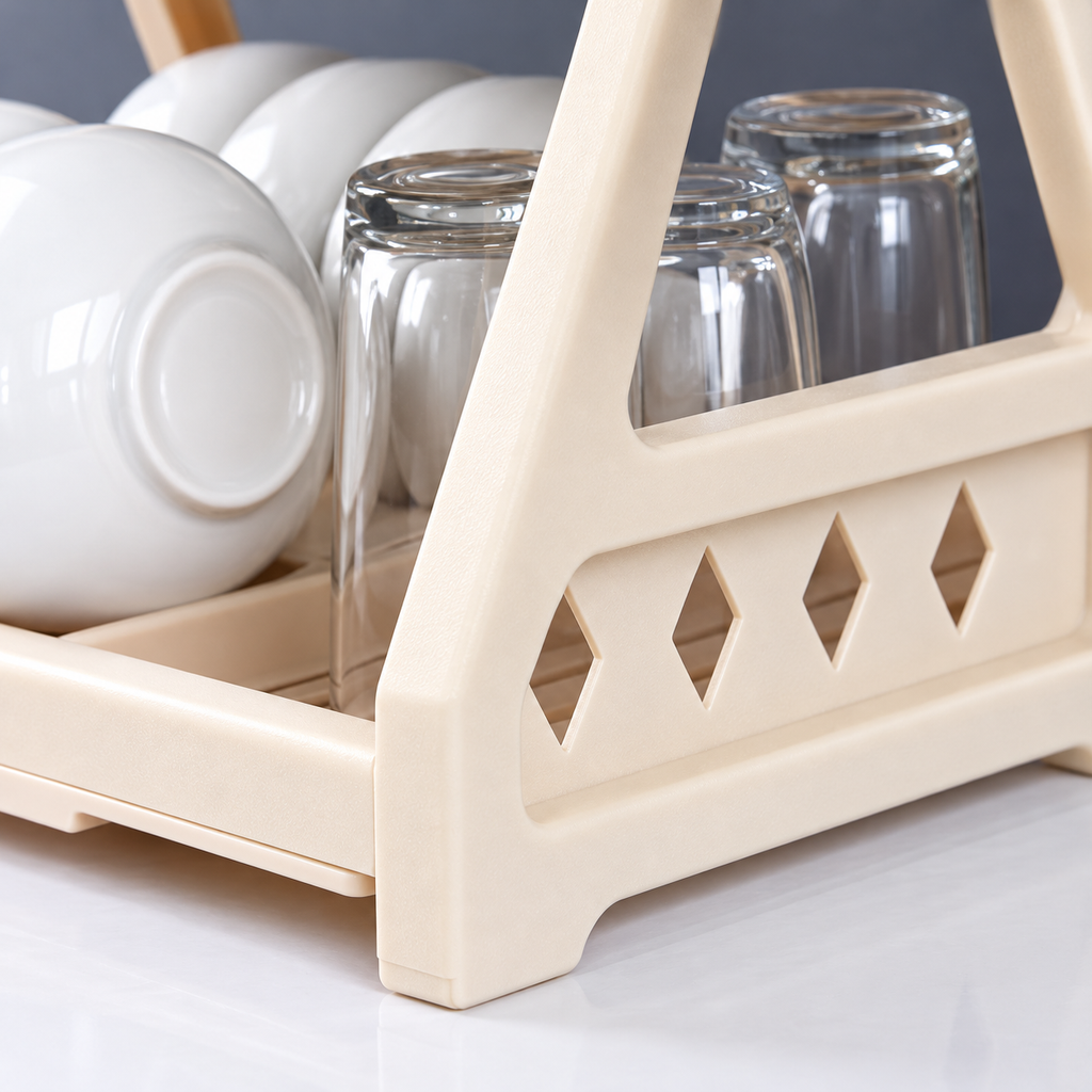Premium apricot dual-layer dish storage organizer — Construction and material close-up