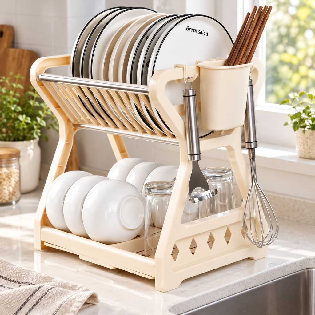 Premium apricot dual-layer dish storage organizer — Kitchen placement context