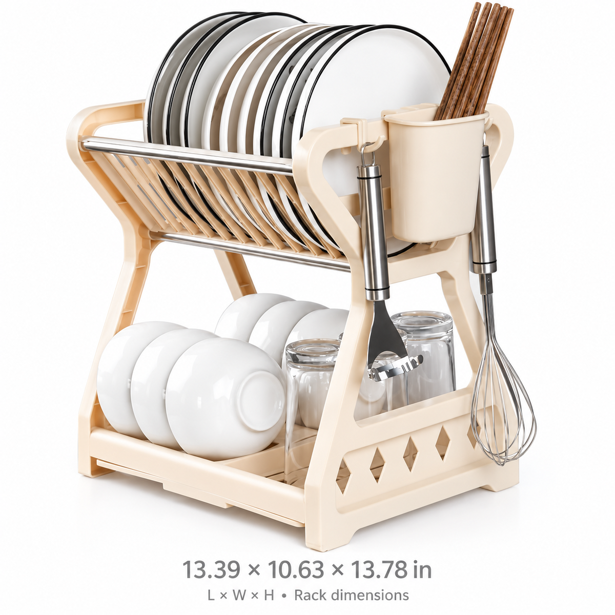 Premium apricot dual-layer dish storage organizer — Rack dimensions in inches