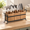 Acacia utensil caddy styled with cutlery at a breakfast counter; cutlery is a styling prop