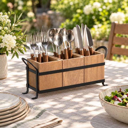 Acacia utensil caddy styled with cutlery on a garden dining table; cutlery is a styling prop