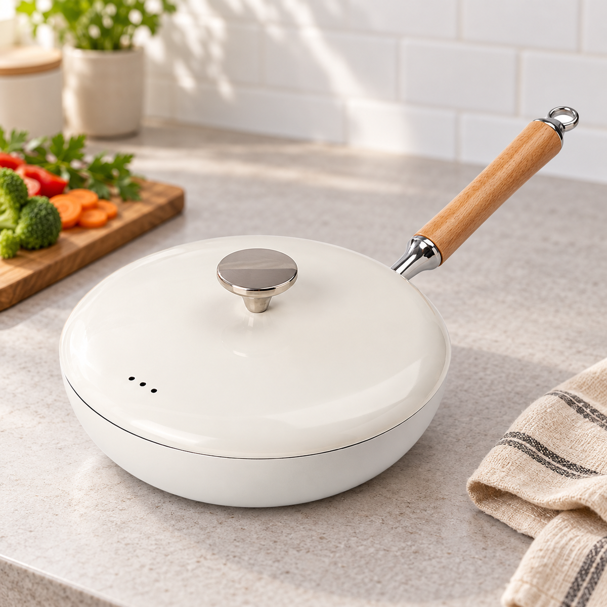 24 cm white frying pan with lid and wood handle in a styled kitchen scene