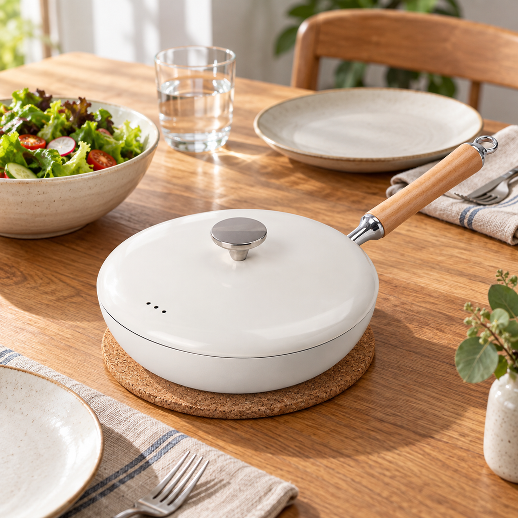 24 cm white frying pan with closed lid on a trivet in a styled dining scene