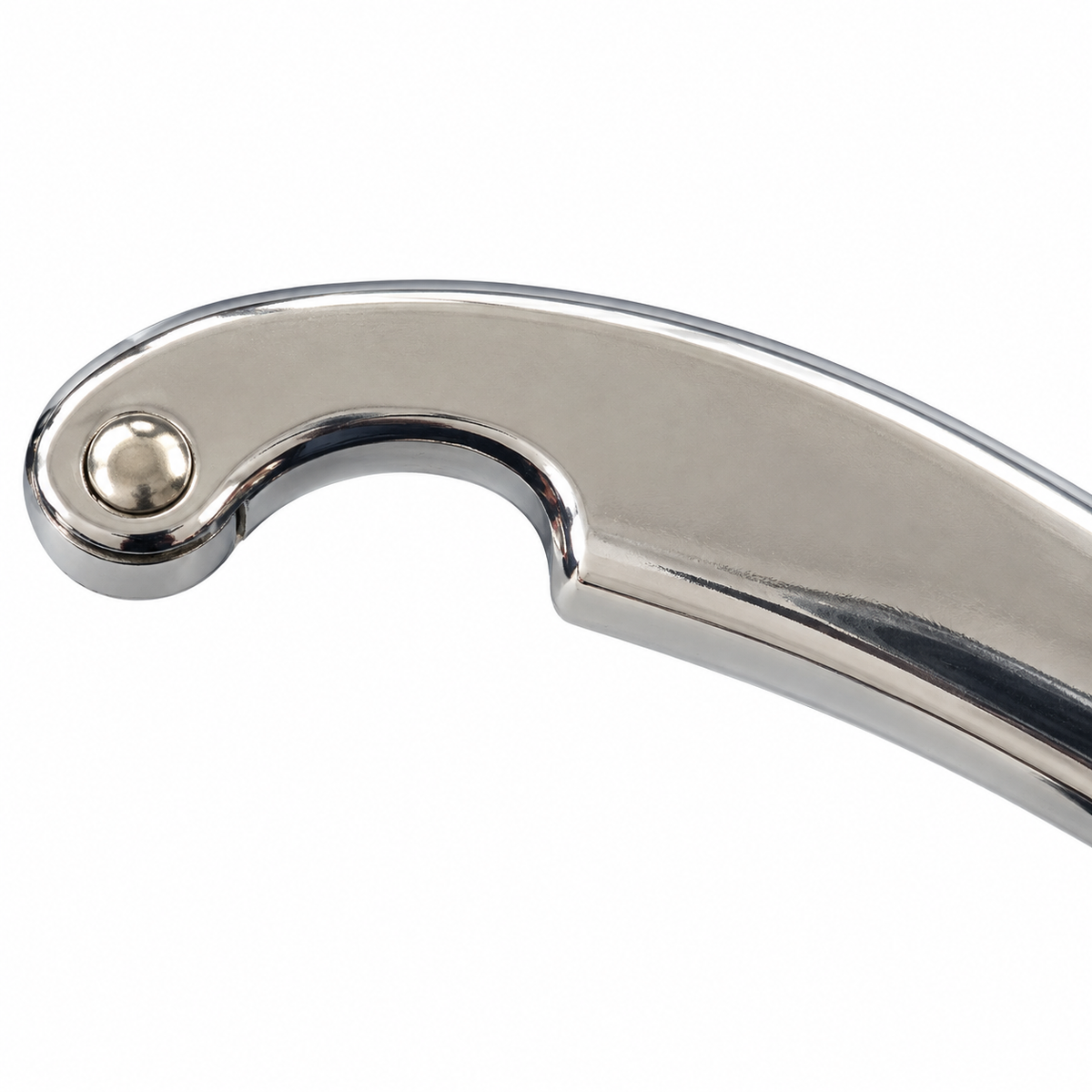 Close-up detail of the garlic press outer curved arm and rivet
