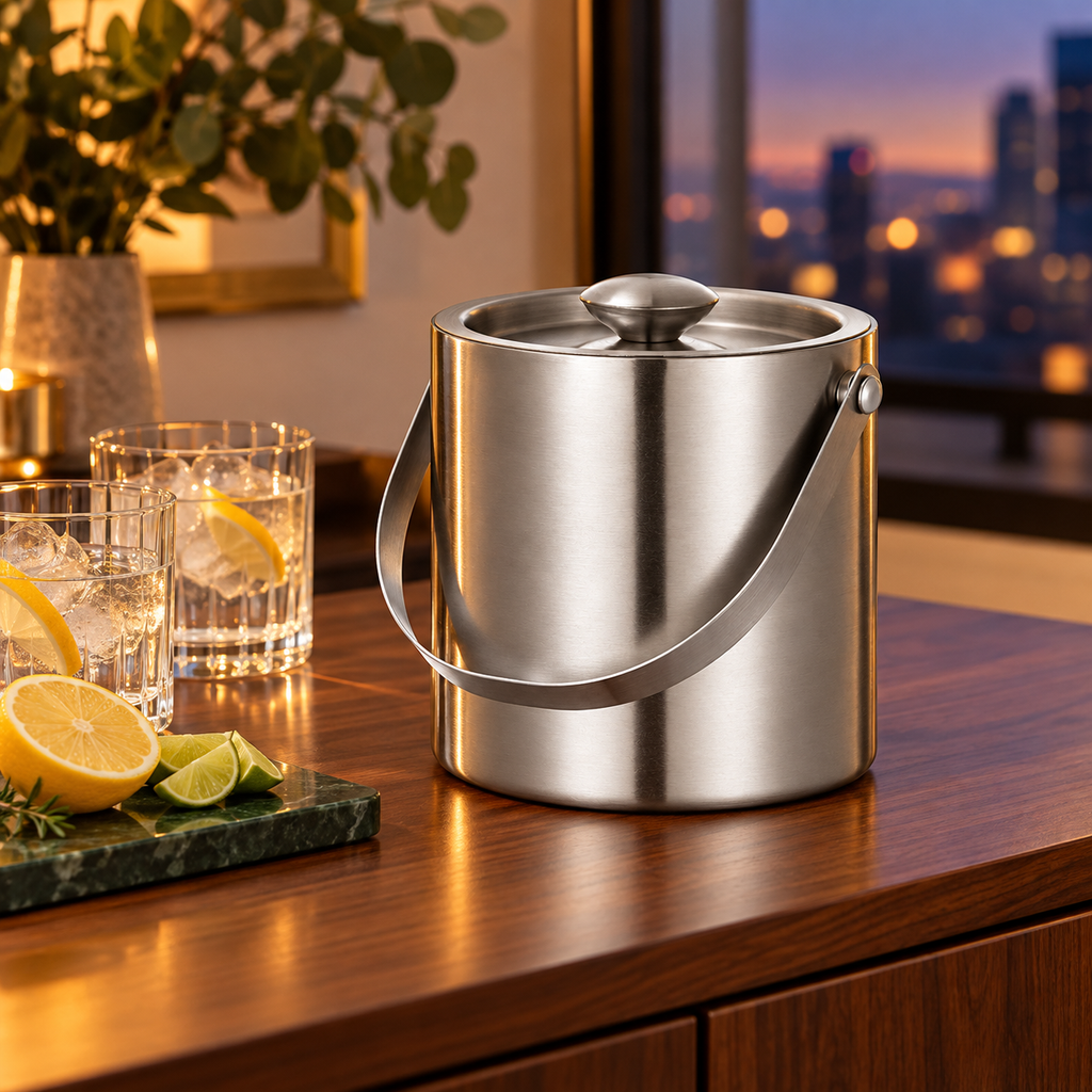 Styled evening scene of the 2 L silver ice bucket with lid closed