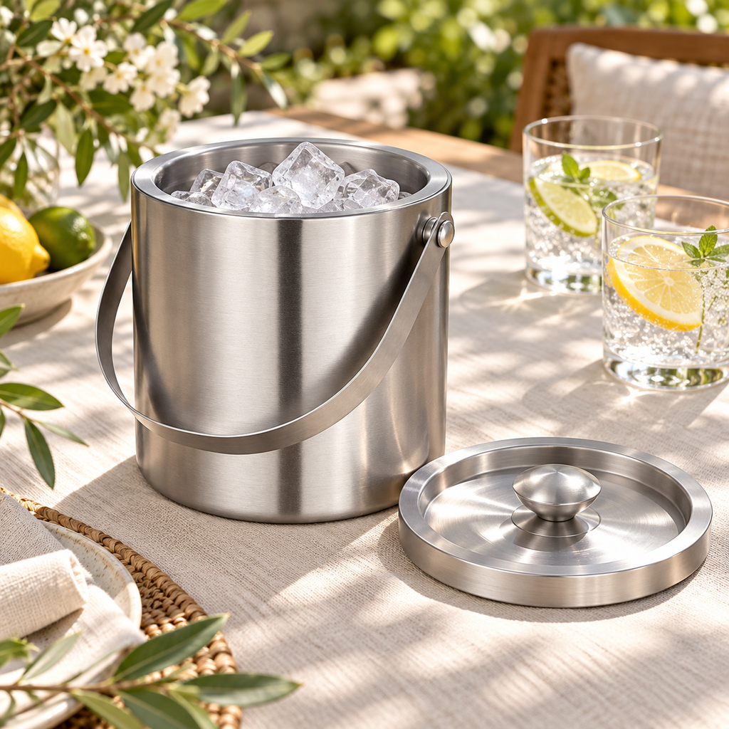 Styled garden table scene of the 2 L silver ice bucket filled with ice, lid beside it